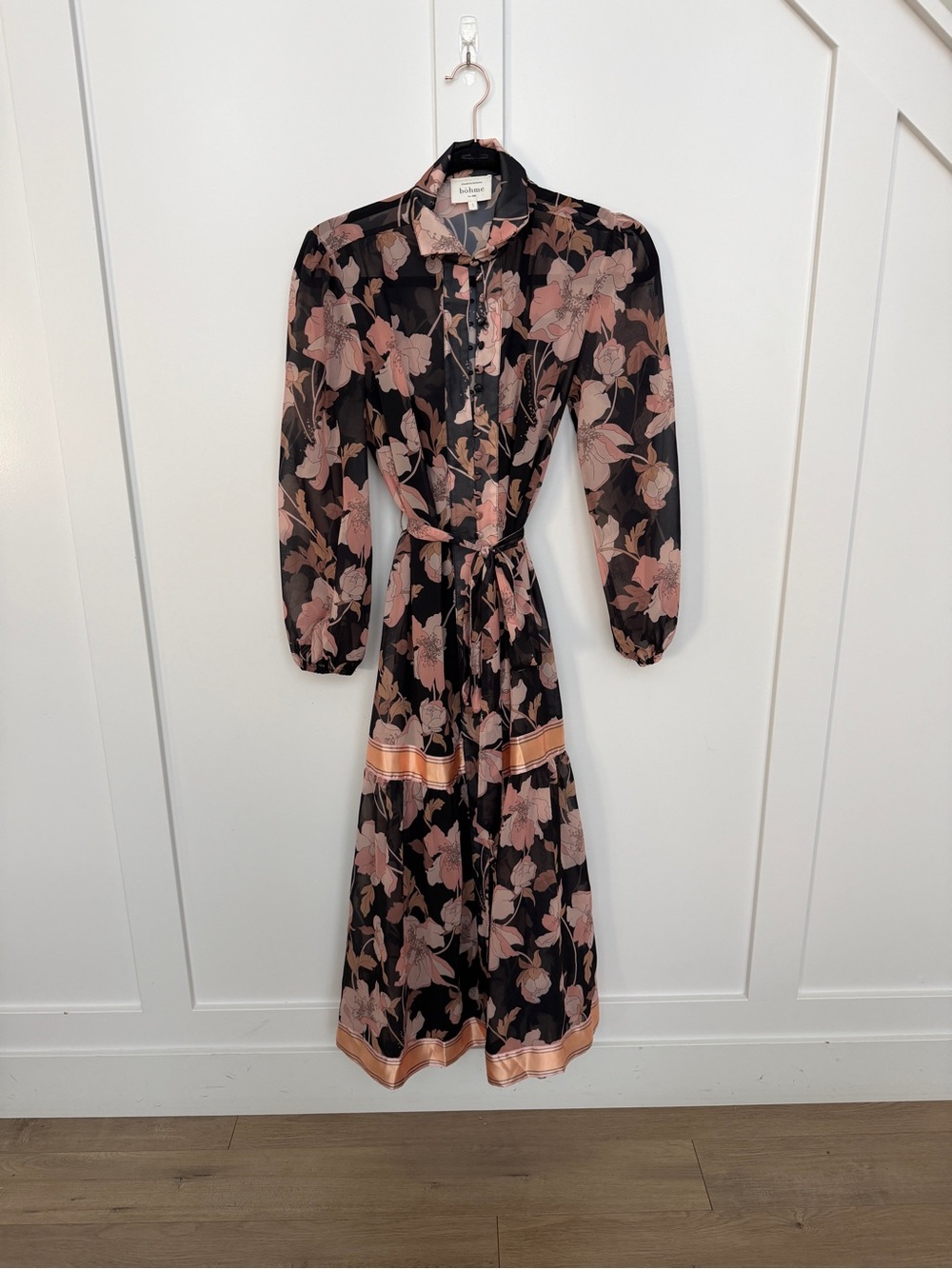 Bohme Floral Tie-Waist Midi Dress in Blush Pink and Black
